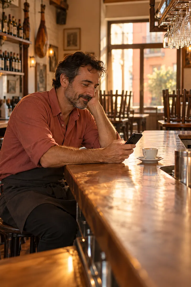 Dueño de un bar consultando el móvil en la barra tras el cierre