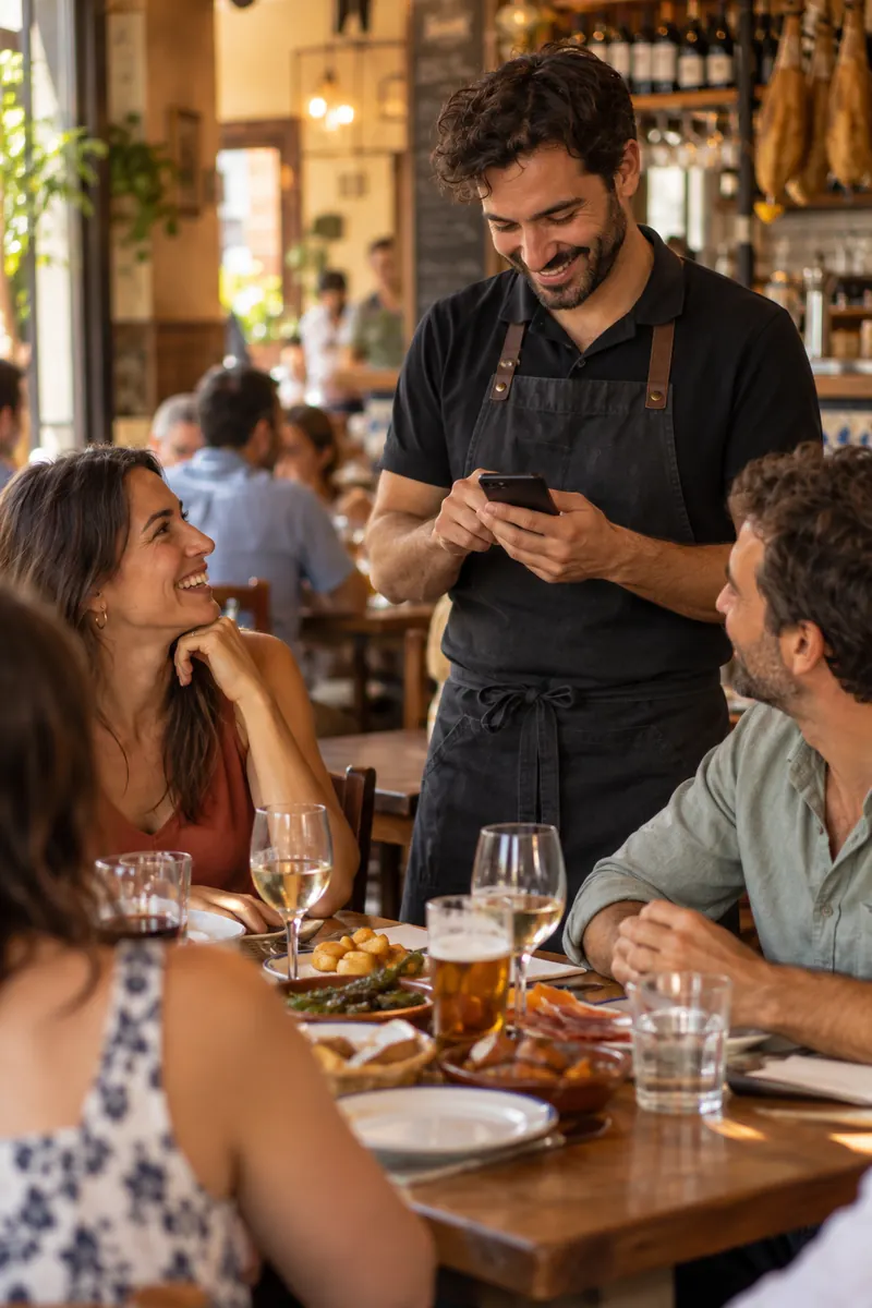 Camarero tomando nota con el móvil en la mesa de un bar