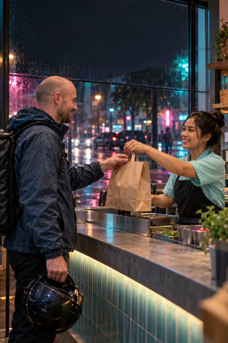 Cocinera entregando un pedido para llevar a un repartidor en una noche de lluvia