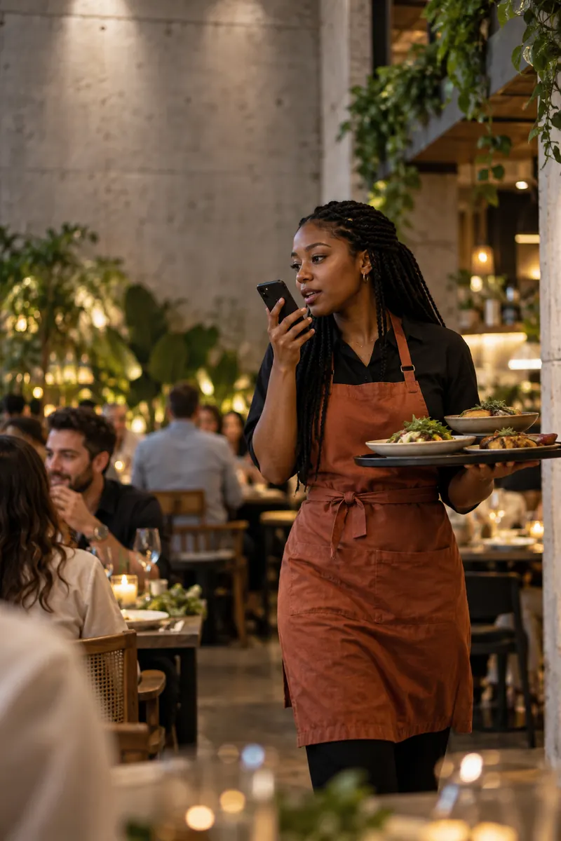 Camarera dictando una comanda por voz al móvil mientras lleva una bandeja en un gastrobar