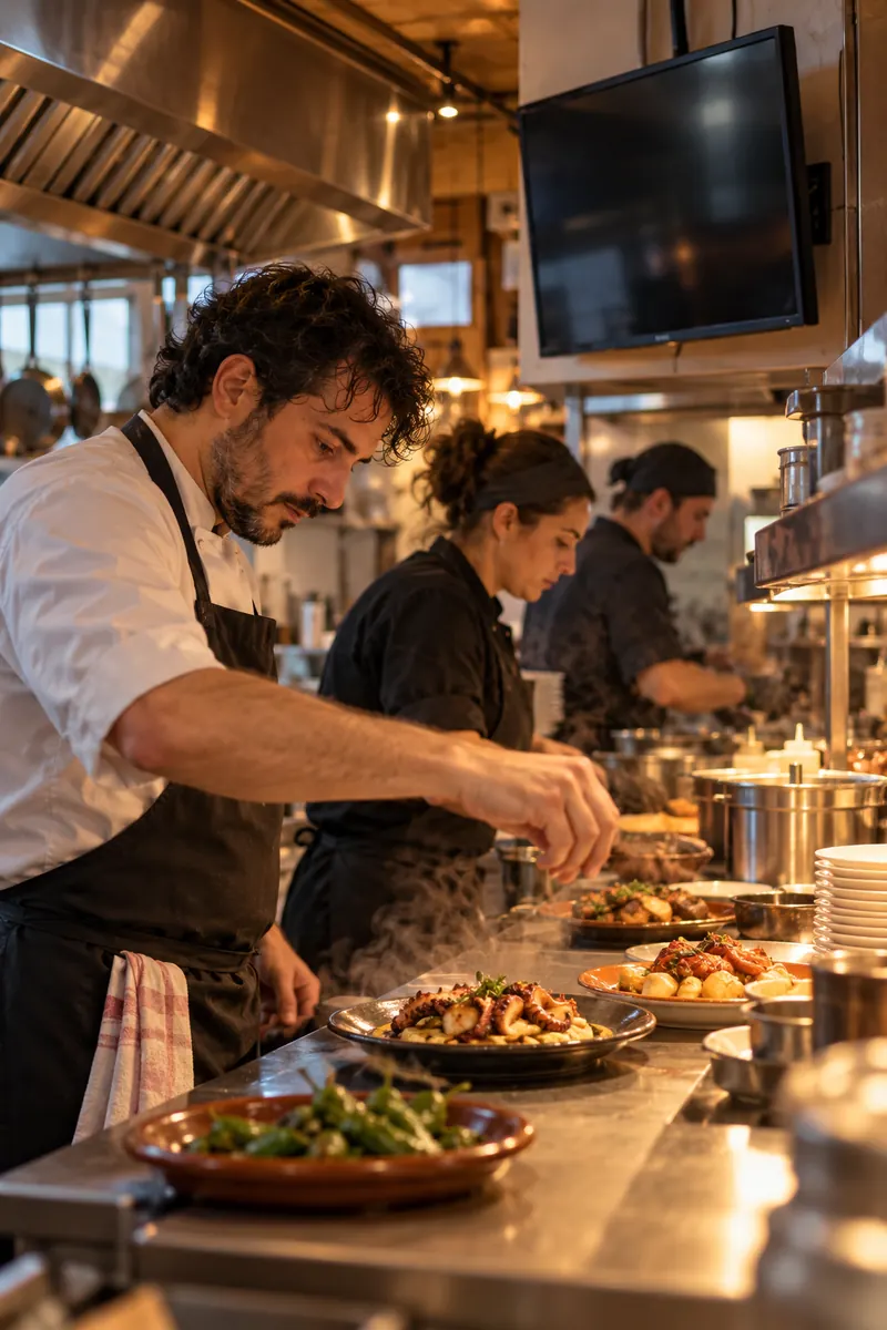Cocineros emplatando en la cocina de un restaurante, con la pantalla de cocina en la pared