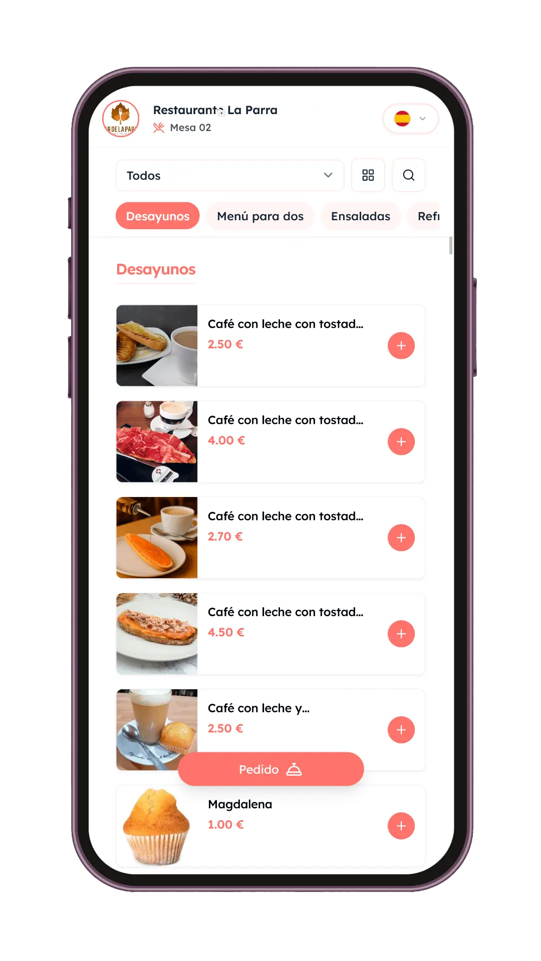 Cliente pidiendo desde el móvil con el QR de la mesa en SmartBar