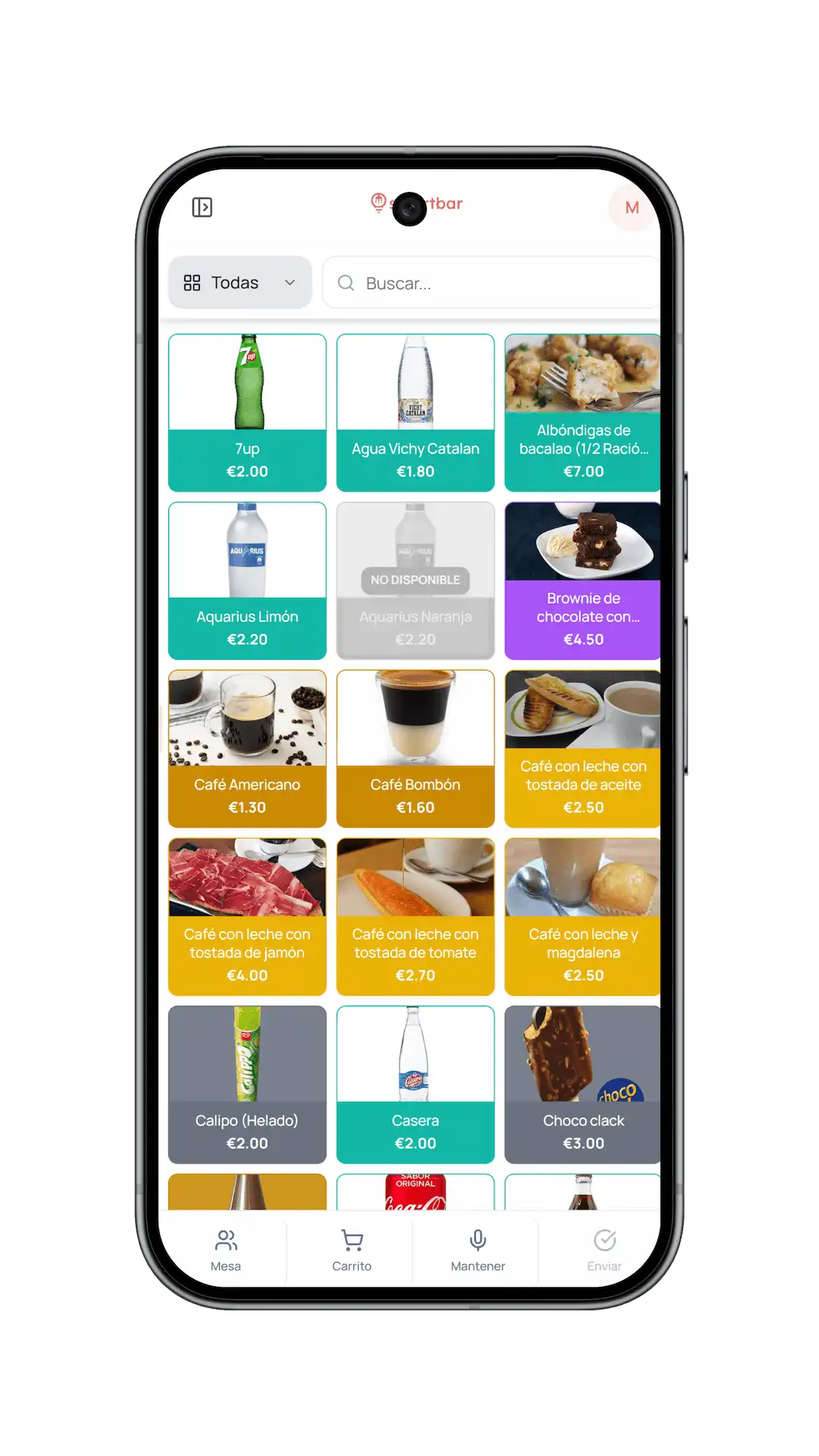 Mockup del comandero móvil de SmartBar abierto en el móvil del camarero
